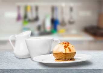 Tasty sweet fresh cake on desk