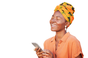 Phone, happy and woman laughing for browsing on social media, mobile app or website at video. Happiness, comedy and African female model networking on cellphone isolated by transparent png background