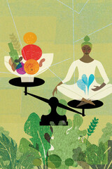 Woman meditating sitting on scale with healthy food