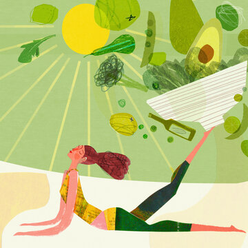Woman in cobra pose balancing bowl of healthy food on foot 