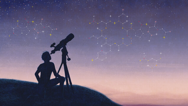 Boy looking at star constellation forming molecular structure