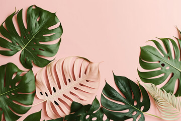 Lay flat photography background of beautiful, decorative, palm leaf borders, summer time, cool colors, pink and green. Perfect for product placement.