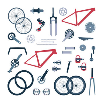 Set of elements, details, components, parts of mtb, gravel, road bikes. Fork, wheels, chain, frame, crank, pedals. Isolated flat vector illustration