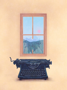 Old fashioned typewriter in front of broken window