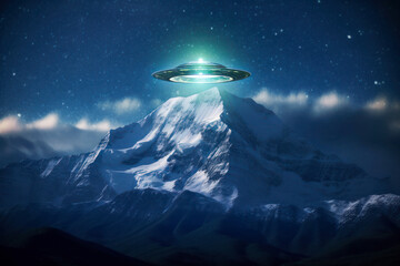 Fototapeta na wymiar UFO Flying Saucer Above Snow-Capped Mountains at Night, Illuminating Peaks with Ethereal Glow, Starry Sky Background. Generative AI