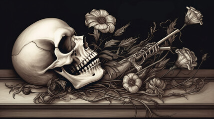 Skull and flowers. fantasy illustration. Lyrical death