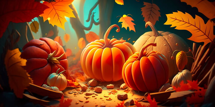 Thanksgiving-themed background with autumn leaves and pumpkins Generative AI