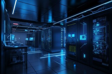 Fototapeta na wymiar Network Server Room with Blue Neon. Generative AI