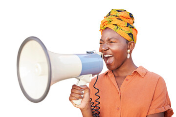 Megaphone, broadcast and black woman isolated on transparent, png background speaking, protest and...