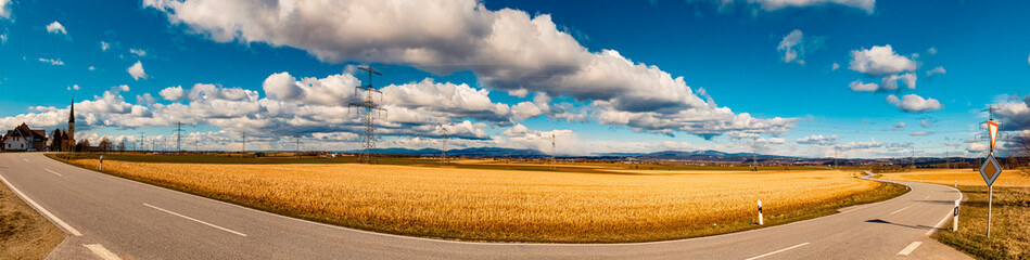 High resolution stitched winter panorama with dramatic clouds near Wallerdorf, Kuenzing,...