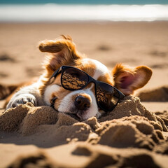 Cute Dog Sleeping on the Beach with Sunglasses Ai generative