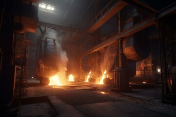 Fototapeta na wymiar Steel foundry with molten metal pouring out of towering furnaces, concept of Molten Metal and Industrial Manufacturing, created with Generative AI technology