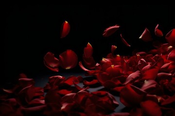Red rose petals falling against a black background, shallow depth of field, lighting from top right, volumetric lighting. Generative AI