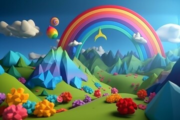 Naklejka na ściany i meble 3d rendering picture of sweet cartoon mountains, flowers, stars and rainbow. Generative AI