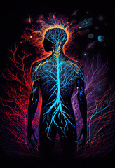 The silhouette of a man with glowing neural connections. Spiritual connection with another world. The concept of trance and hypnosis. The process of human thinking.Generative AI