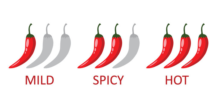 Pepper spice level. Red chili pepper. Spicy meter. Vector isolated illustration. Spicy chili pepper level labels. Vector spicy food mild, spicy and hot sauce, chili pepper red icons.