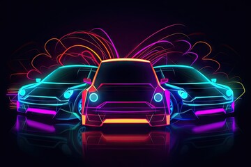 Plakat Cars line illustration. Car outline. Dark background. Colorful lines. Dots glowing neon light. Generative ai