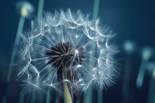 a close up of a dandelion on a blue background with a blurry image of the flower in the center of the dandelion. generative ai