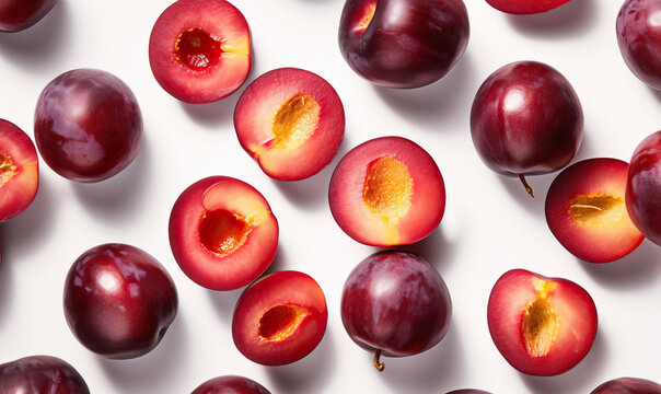 Pluots on a white background, Generative AI
