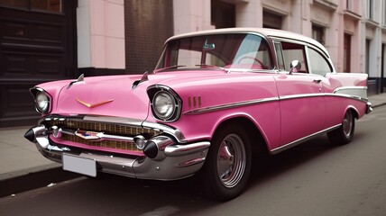 pink vintage car on a street generative ai