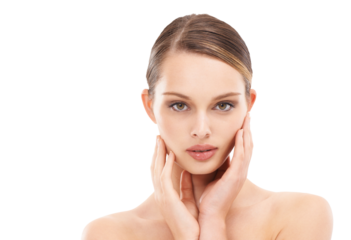 Beauty, skincare and face portrait of woman isolated on transparent png background. Natural, makeup cosmetics and confident female model with glowing, healthy or flawless skin after facial treatment.