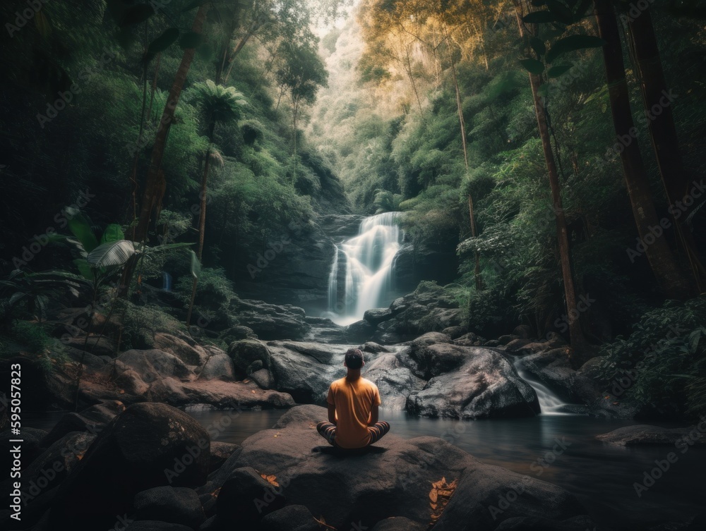 Poster a man sitting on a rock in front of a waterfall. ai generative image.