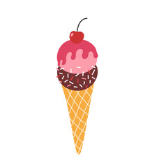 Hand draw vector illustration of ice cream in a waffle cone. Pink and chocolate ice cream balls with cherry. Print for a poster, postcard, t-shirt.