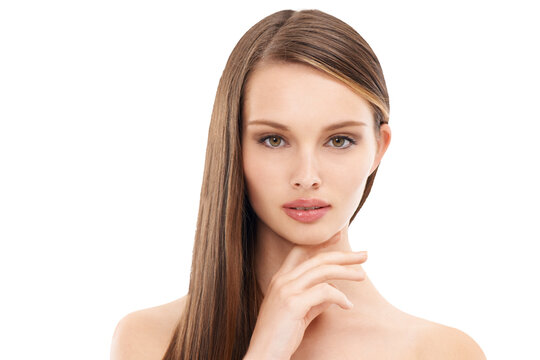 Beauty, face and haircare of woman with straight hair isolated on a transparent png background. Natural cosmetics, hairstyle portrait and serious female model with salon treatment for long growth.