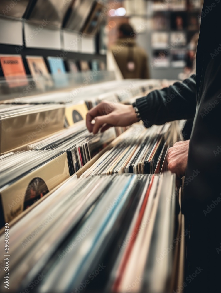 Aufkleber a person looking at a record in a record store. ai generative image.