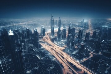 Amazing skyline of Dubai City center and Sheikh Zayed road intersection, United Arab Emirates. Created with Generative AI technology