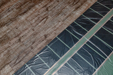 Installation of a warm floor under a laminate. Top view of the layers: laminate, film, underfloor heating and underlay