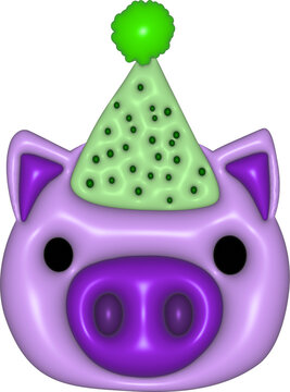 3D birthday purple pig with party hat