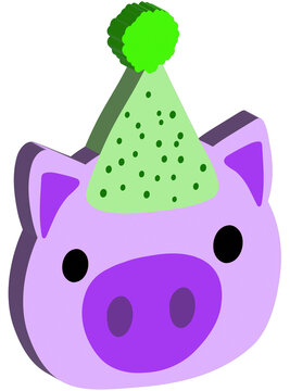 3D purple birthday pig with party hat