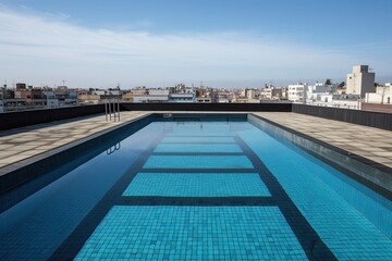 Fototapeta na wymiar Clean and appetizing blue swimming pool ready to dive in urban surrounding. Generative AI
