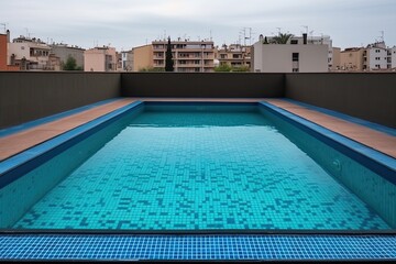 Fototapeta na wymiar Clean and appetizing blue swimming pool ready to dive in urban surrounding. Generative AI