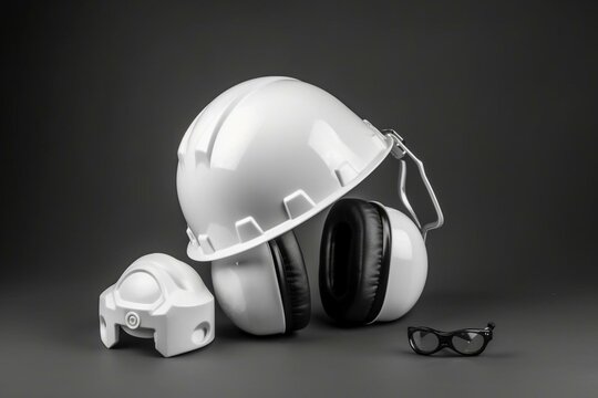 White safety helmet or hard cap and earphones muffs on wihte background. Generative AI