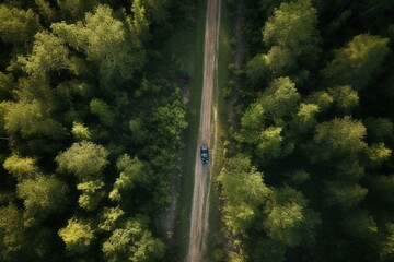 Aerial view of truck traveling on forest road, generative ai