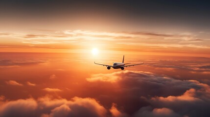 Naklejka na ściany i meble a plane flying over a cloud filled sky at sunset or dawn with the sun setting behind it and the clouds below it, with the plane in the foreground. generative ai