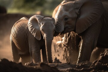  a couple of elephants standing next to each other on a dirt field with trees in the backgrouds of the picture and dirt behind them.  generative ai