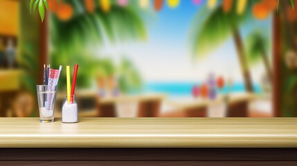 Empty Wooden Table on Sunny Blurred Tropical Bar