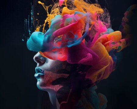 A woman's head with colorful paint on it. AI generative image.