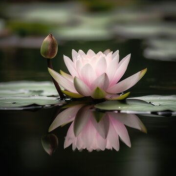  a pink flower is in the water with lily pads on the surface of the water and the reflection of the flower on the surface of the water.  generative ai