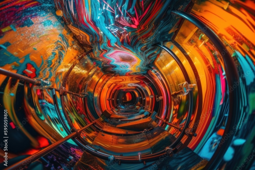 Poster a colorful tunnel with a person walking through it. ai generative image.