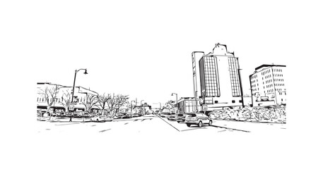 Building view with landmark of Rapid is the city in South Dakota. Hand drawn sketch illustration in vector.