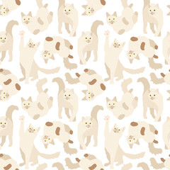 Beautiful cute light white pet cats on a white background. Seamless animal pattern. Vector illustration