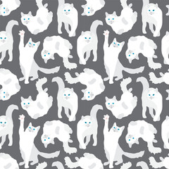 Beautiful cute light white pet cats on a dark gray background. Seamless animal pattern. Vector illustration