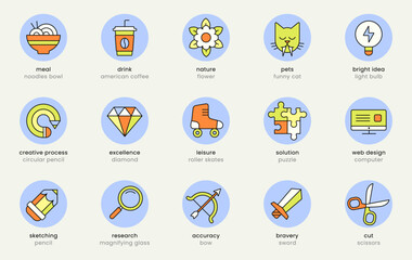 Creative icons. lifestyle icon set. Creativity and innovation symbols. Flat vector illustrations. Isolated elements. Pictograms for web. Signs collection for content creator.
