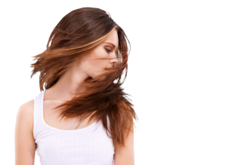 Woman, beauty and a model shaking hair or head with natural, shine and straight hairstyle. Hairdresser, cosmetics and female person with salon treatment isolated on a transparent, png background
