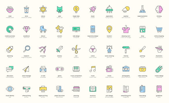Creative business icons. Digital work icon set. Creativity and innovation symbols. Flat vector illustrations. Isolated elements. Pictograms for web. Signs collection for content creator.