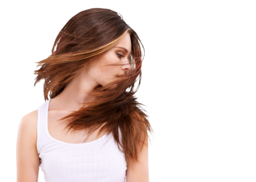 Woman, beauty and a model shaking hair or head with natural, shine and straight hairstyle. Hairdresser, cosmetics and female person with salon treatment isolated on a transparent, png background